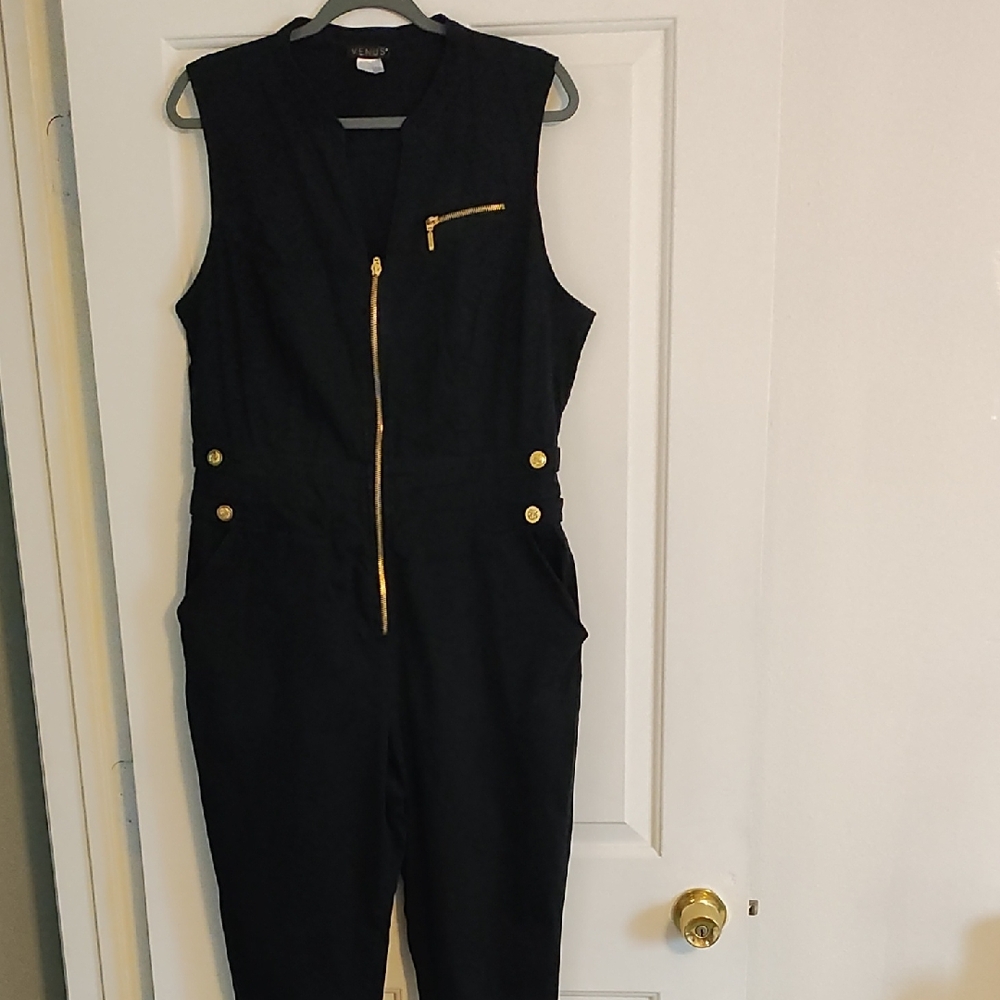 Venus Black Jumpsuit with Gold Zipper and Buttons